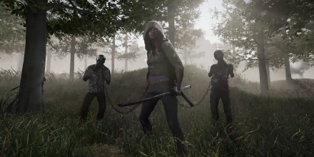 HD wallpaper featuring a character from The Walking Dead: Destinies video game standing ready to battle zombies in a misty forest setting.
