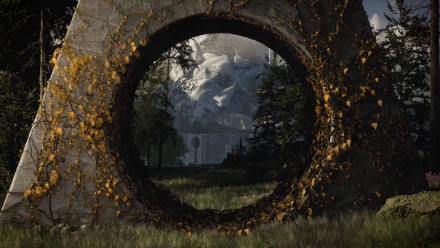 HD desktop wallpaper featuring a scenic view through a circular stone portal from The Talos Principle 2 video game, adorned with yellow leaves.
