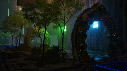 HD wallpaper featuring a scene from The Talos Principle 2 video game with glowing puzzle portals and a mysterious, ancient temple environment.