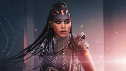 HD wallpaper of a fierce warrior character from the movie Rebel Moon, donning futuristic armor and tribal-inspired makeup, set against a misty cosmic backdrop.