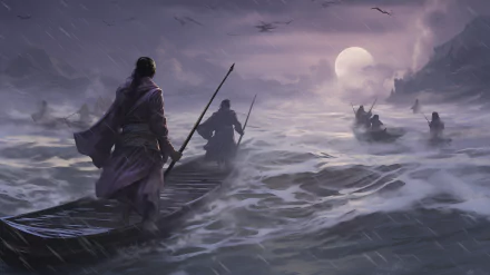 AI art anime samurai: lone warrior wading across a misty sea toward moonlit boats under a stormy sky — 2K Quad HD PC desktop wallpaper and background.