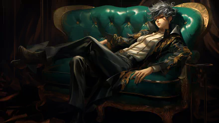 Fantasy-inspired surreal illustration of a relaxed, stylish figure lounging on a vintage green sofa, designed as an HD PC desktop wallpaper with AI art aesthetics.