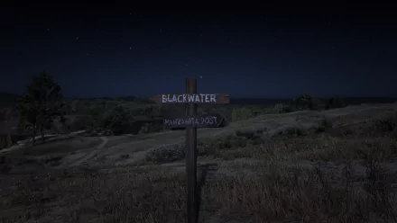 HD PC desktop wallpaper from Red Dead Redemption 2 featuring a night scene with a wooden signpost pointing to Blackwater and Valentine Roads under a starry sky.