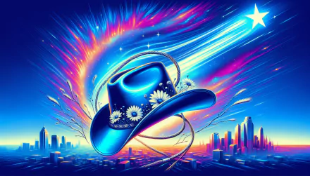 Vibrant HD Dallas Cowboys themed desktop wallpaper featuring an artistic cowboy hat with glowing neon accents over a stylized city skyline backdrop.