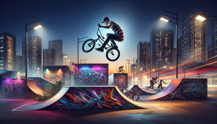 High-definition BMX wallpaper featuring a cyclist performing aerial tricks at a skatepark with vibrant street art, under the evening city lights.