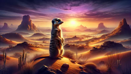 A vigilant meerkat standing on a desert sand dune with a vivid sunset backdrop in an HD wallpaper.