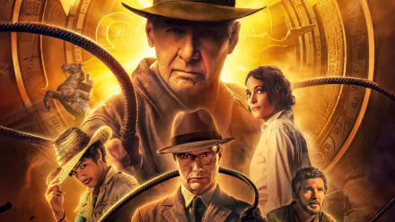 HD desktop wallpaper for Indiana Jones and the Dial of Destiny featuring iconic characters in action-packed poses against an ancient artifact backdrop.