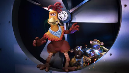 A vibrant HD wallpaper from Chicken Run: Dawn of the Nugget, featuring animated characters engaging in an adventurous scene amidst industrial elements.
