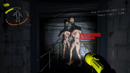 HD wallpaper featuring a tense scene from the video game Lethal Company, with two menacing characters illuminated by a flashlight in a dark corridor.