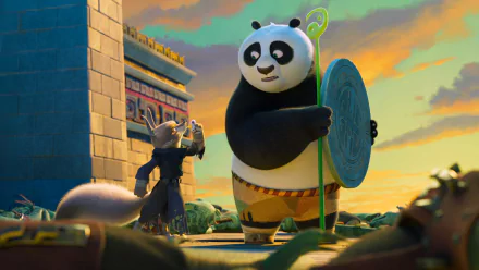 In this vibrant HD wallpaper from *Kung Fu Panda 4*, Po and Zhen engage in a dynamic moment against a beautifully animated sunset backdrop.