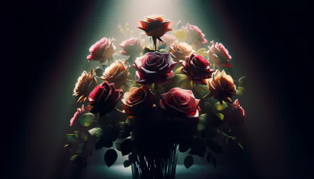 HD desktop wallpaper featuring a luminous bouquet of roses with a dramatic spotlight effect in the background.