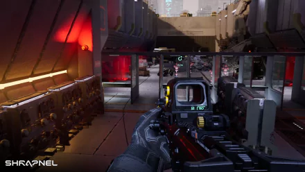 First-person view of a player holding a gun in Shrapnel video game HD wallpaper.