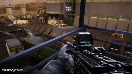 HD wallpaper of first-person perspective in the video game Shrapnel, featuring a detailed view of a rifle and industrial game environment.