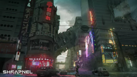 HD desktop wallpaper featuring Shrapnel video game with futuristic cityscape and neon signs.