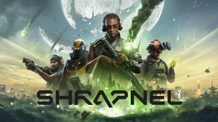 HD desktop wallpaper featuring characters from the video game Shrapnel against a dystopian city backdrop.
