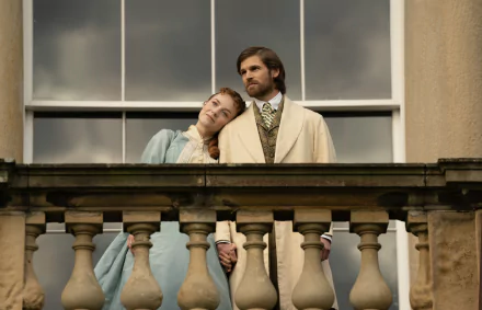 Two characters from Belgravia: The Next Chapter TV show standing on a balcony, looking contemplative, in a high-definition desktop wallpaper.