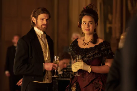 HD wallpaper featuring a scene from Belgravia: The Next Chapter TV show with two characters at a formal event.