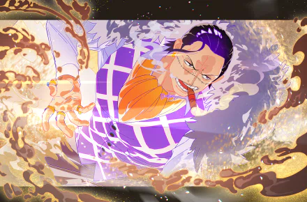 Anime 4K Ultra HD desktop wallpaper featuring Crocodile from One Piece, depicted with intense expression and vivid golden sand effects surrounding him.