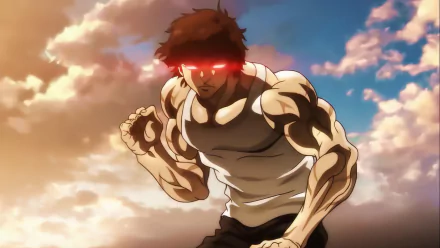 HD wallpaper of anime character Baki Hanma in an action pose with a dynamic, cloud-filled sky in the background.