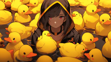 Anime girl surrounded by ducks HD wallpaper for desktop backgrounds.
