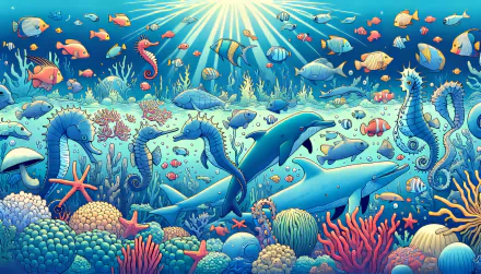 Vibrant HD desktop wallpaper featuring diverse marine life with whales, fish, coral, and seahorses in an underwater scene.