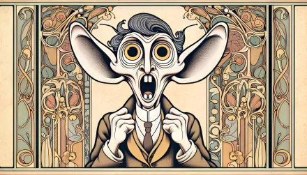 HD desktop wallpaper featuring a cartoon-style character with an exaggerated goofy expression, framed by an ornate Art Nouveau design.