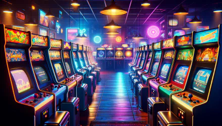 Vibrant HD desktop wallpaper of a retro arcade room with rows of colorful arcade machines illuminated by neon lights.