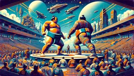 HD wallpaper of two sumo wrestlers facing off in a futuristic arena with spaceships and a vibrant cityscape as the backdrop.