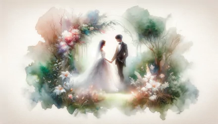 Ethereal wedding-themed HD desktop wallpaper featuring an illustrated bride and groom in a magical floral archway.