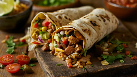 A vibrant HD desktop wallpaper featuring delicious burritos filled with fresh vegetables, rice, and savory meats, showcasing the essence of Mexican cuisine.