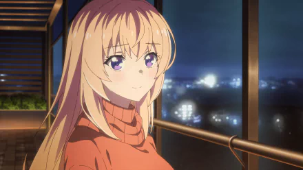 HD wallpaper featuring Kei Karuizawa from Classroom of the Elite anime, standing on a balcony with a night cityscape in the background.