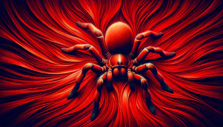 HD desktop wallpaper featuring an artistically rendered brown recluse spider on a vivid red background with swirling patterns.