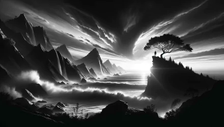 HD desktop wallpaper featuring an inspirational black and white landscape with mountains, clouds, and a lone tree on a cliff.
