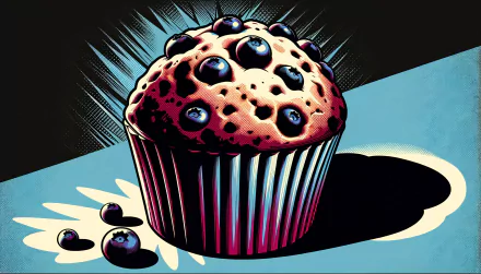 A vibrant HD desktop wallpaper featuring a blueberry muffin with a golden-brown top, highlighted against a dynamic background, showcasing scattered blueberries beside it.