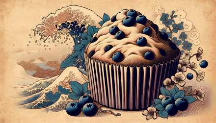 Artistic HD wallpaper featuring a stylized blueberry muffin surrounded by blueberries and floral designs with a vintage wave background.