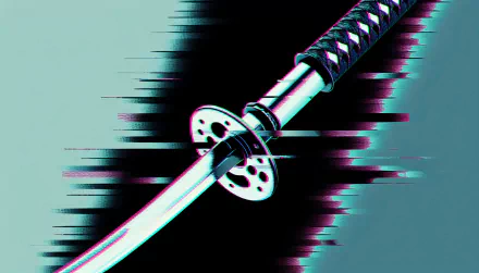 HD desktop wallpaper featuring a stylized samurai sword with a purple hilt on a glitch effect background.