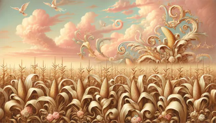 HD wallpaper featuring an artistic representation of a corn field with decorative elements, under a pastel sky with clouds.