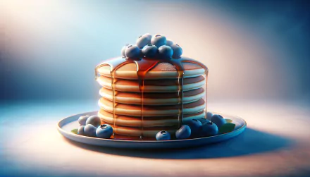 A stack of golden blueberry pancakes drizzled with syrup, garnished with fresh blueberries, showcased beautifully in an HD desktop wallpaper.