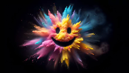 Colorful explosion of powders forms a happy face, radiating joy and vibrant energy. This HD desktop wallpaper adds a cheerful touch to any background.