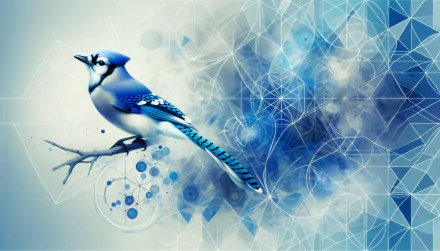HD desktop wallpaper featuring a vibrant illustration of a blue jay on a branch with an abstract blue geometric background.