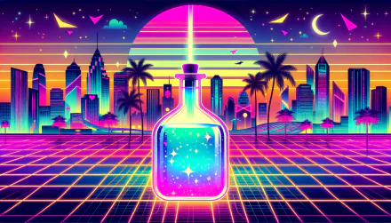 HD desktop wallpaper featuring a vibrant neon potion bottle with a retro-futuristic cityscape background in a nostalgic 80s style.