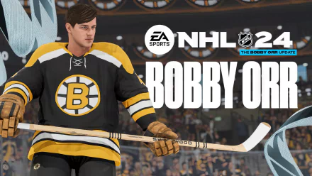 HD desktop wallpaper of NHL 24 video game featuring a virtual hockey player in a Boston Bruins jersey with 'Bobby Orr Update' text displayed prominently.