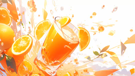 A vibrant HD wallpaper featuring a glass of refreshing orange juice surrounded by splashes and slices of oranges, creating a lively and energizing scene.