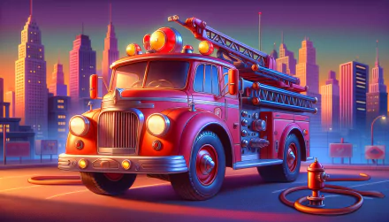 HD desktop wallpaper featuring a vibrant illustration of a vintage fire truck with a city skyline backdrop.