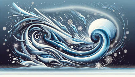 A captivating HD desktop wallpaper featuring swirling waves and snowflakes in a cool blue color palette, embodying the essence of a winter blizzard.