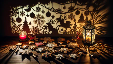 Festive HD wallpaper with holiday cookies, a glowing lantern, and seasonal shadow patterns on a wooden surface, creating a warm Christmas backdrop.