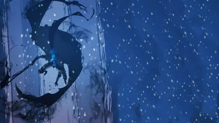 An HD desktop wallpaper featuring stunning artwork from the anime Solo Leveling, showcasing a dramatic scene with a silhouette of a dragon against a snowy, blue-toned background.