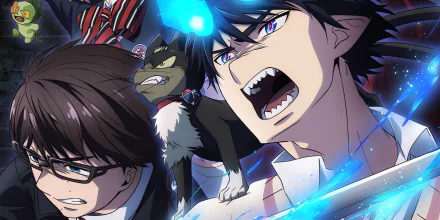 HD desktop wallpaper featuring Rin and Yukio Okumura from Blue Exorcist anime with intense expressions.