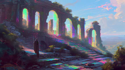 HD fantasy wallpaper featuring colorful light streaming through the arches of an ancient ruin with a cloaked figure standing at the entrance.
