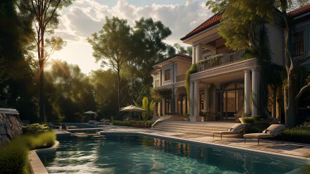A stunning luxury home with expansive outdoor spaces and a serene pool, surrounded by lush greenery, creating a dream-like atmosphere. An HD desktop wallpaper that inspires tranquility.